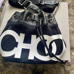 Jimmy Choo Juno/Small Bucket Bag/ Leather & Mesh w/ Logo